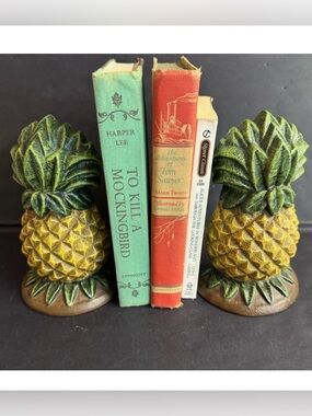 Vintage Heavy cast iron Pineapple yellow and green bookends